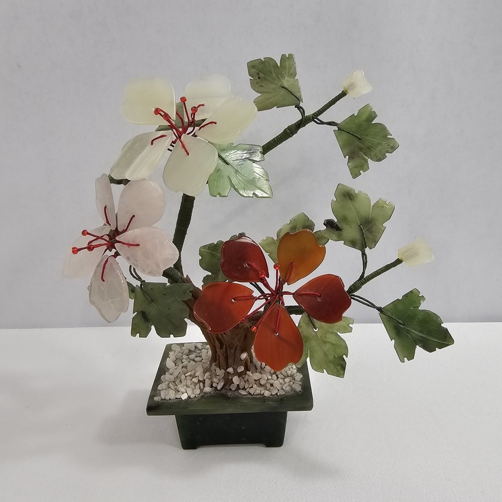 Vintage 6" JADE W/AGATE & CARNELIAN Quartz Stone BONSAI TREE Chinese Hand Carved